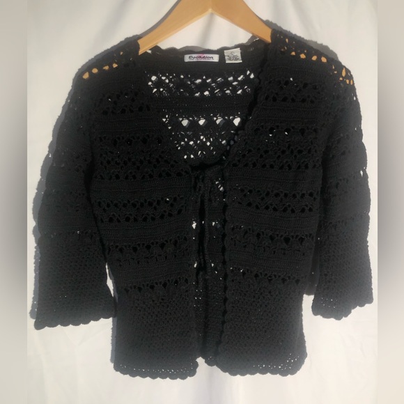 evolution not revolution Black Crochet Cardigan Sweater Women Sz Large - Picture 1 of 5